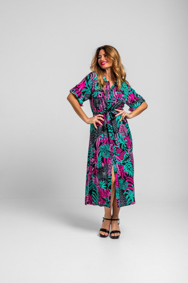 camisero-safari-midi-de-hojas-y-panteras-nocturna Μίντι φόρεμα- Nocturna - Image 1