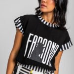 Μαύρο βαμβακερό μπλουζάκι με ριμπ ύφανση- La Faraona