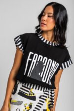 Μαύρο βαμβακερό μπλουζάκι με ριμπ ύφανση- La Faraona