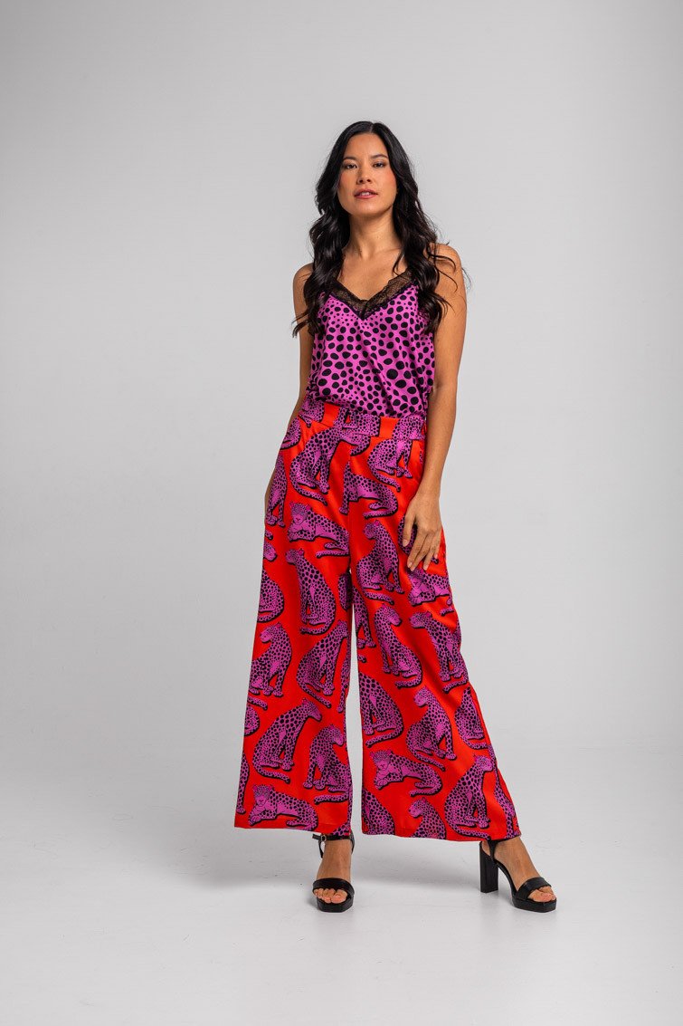 pantalon-fluido-naranja-y-panteras-rosas-pink-panther Aέρινο παντελόνι - Pink Panther - Image 1